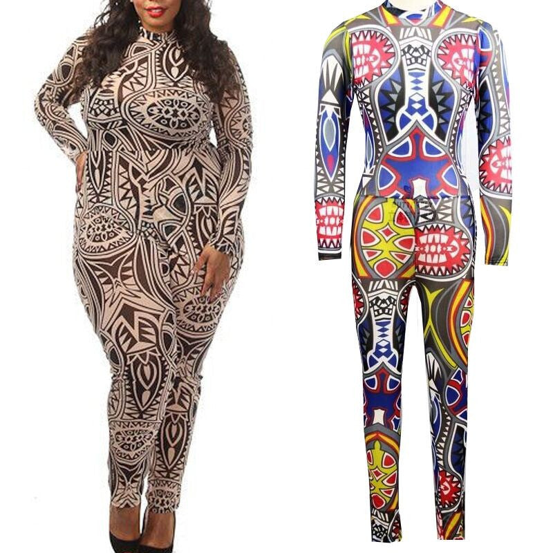 Plus Size Tribal Tattoo Printing Mesh Long Sleeve Bodysuit Celebrity Catsuit Playsuit - CELEBRITYSTYLEFASHION.COM.AU - 1