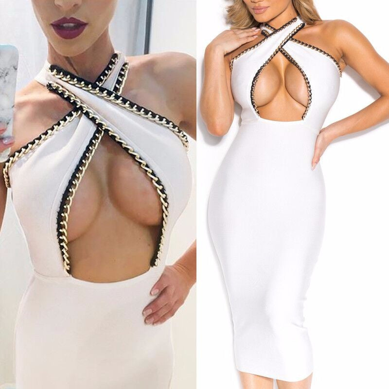 Gold Chain Detail Crossover Rivet Dress Deep Plunge - CELEBRITYSTYLEFASHION.COM.AU - 3