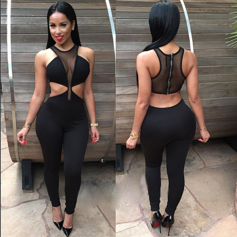 Stretch Mesh Sheer Overall Backless Patchwork O-neck Jumpsuit - CELEBRITYSTYLEFASHION.COM.AU - 2