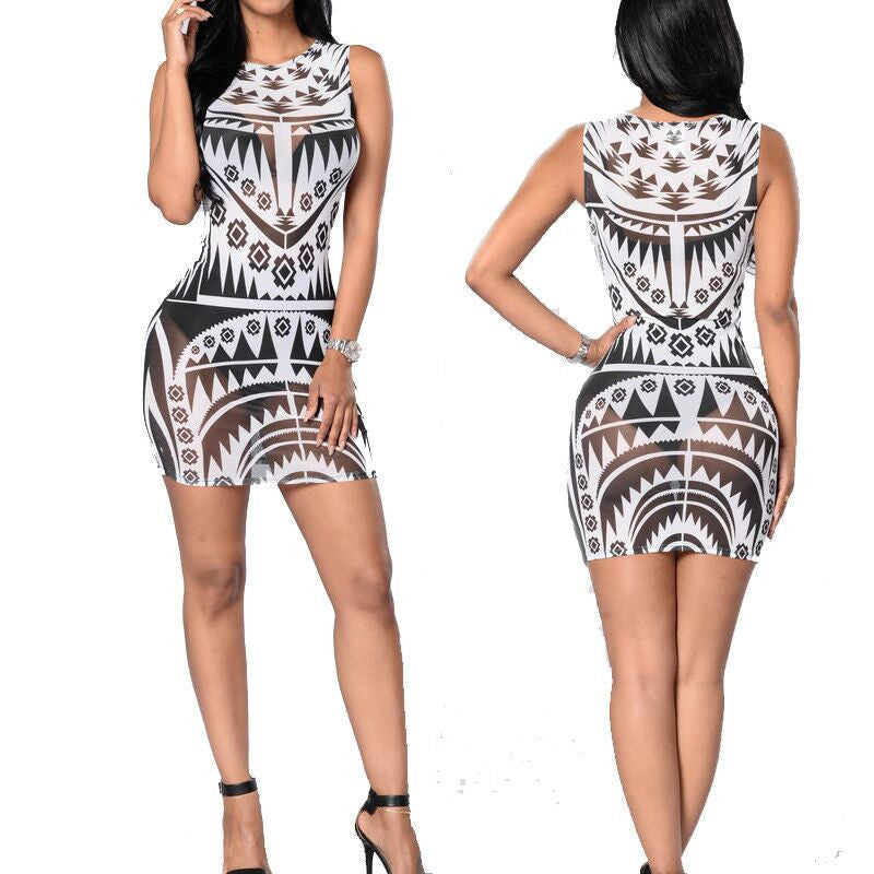 Tribal Print Aztec Sheer Mesh Geometric Mini Dress - CELEBRITYSTYLEFASHION.COM.AU - 2