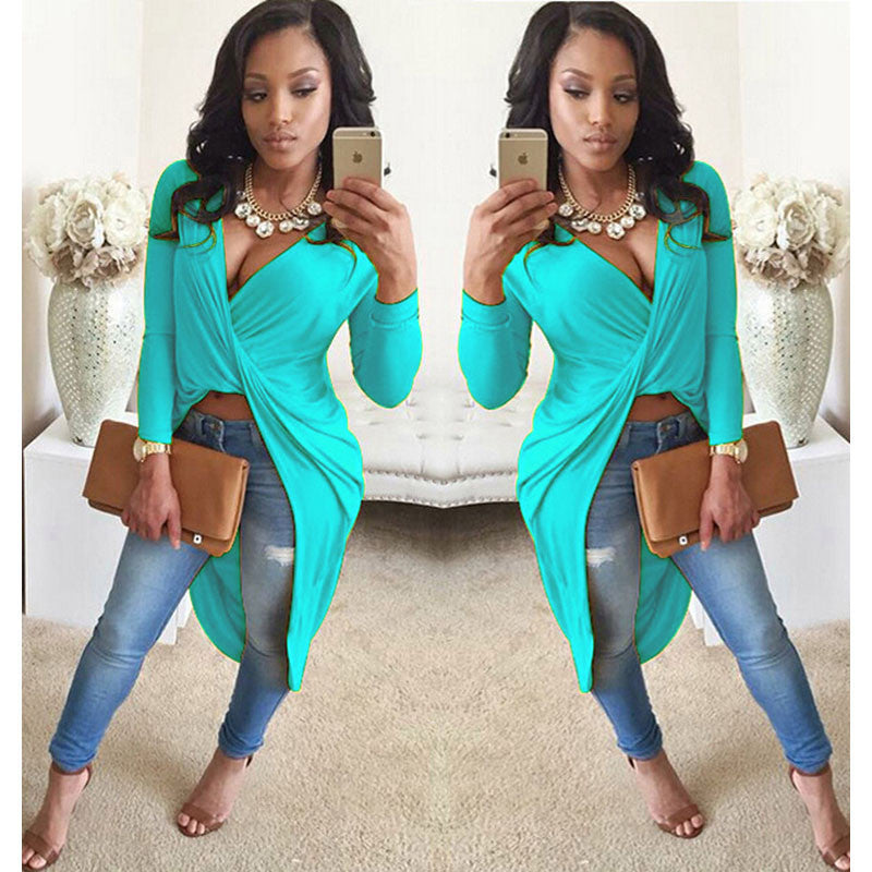 Deep V Neck Long Asymmetrical Party Tshirt Dress - CELEBRITYSTYLEFASHION.COM.AU - 6