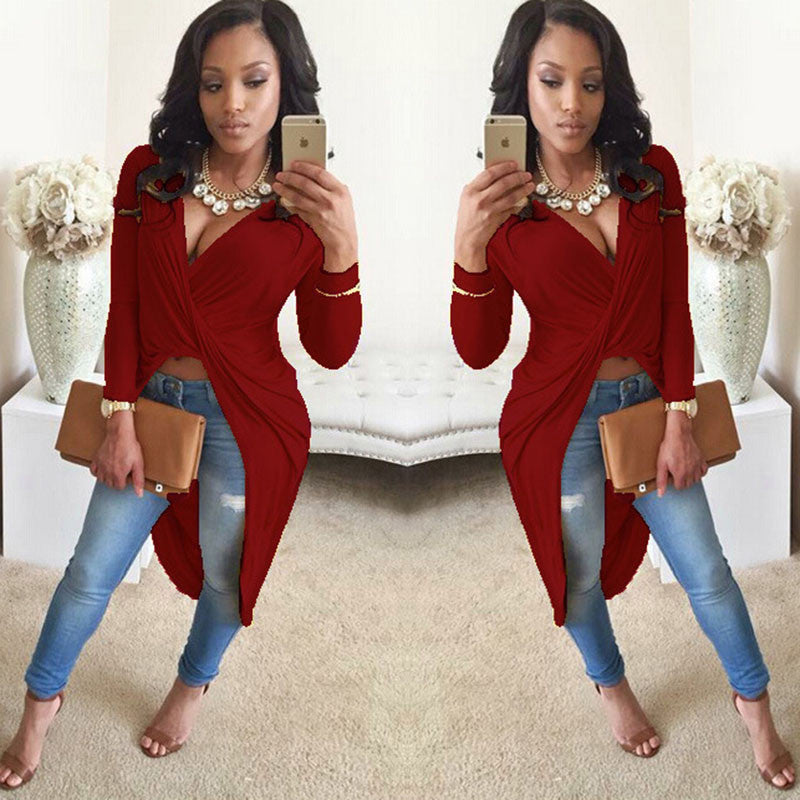 Deep V Neck Long Asymmetrical Party Tshirt Dress - CELEBRITYSTYLEFASHION.COM.AU - 7