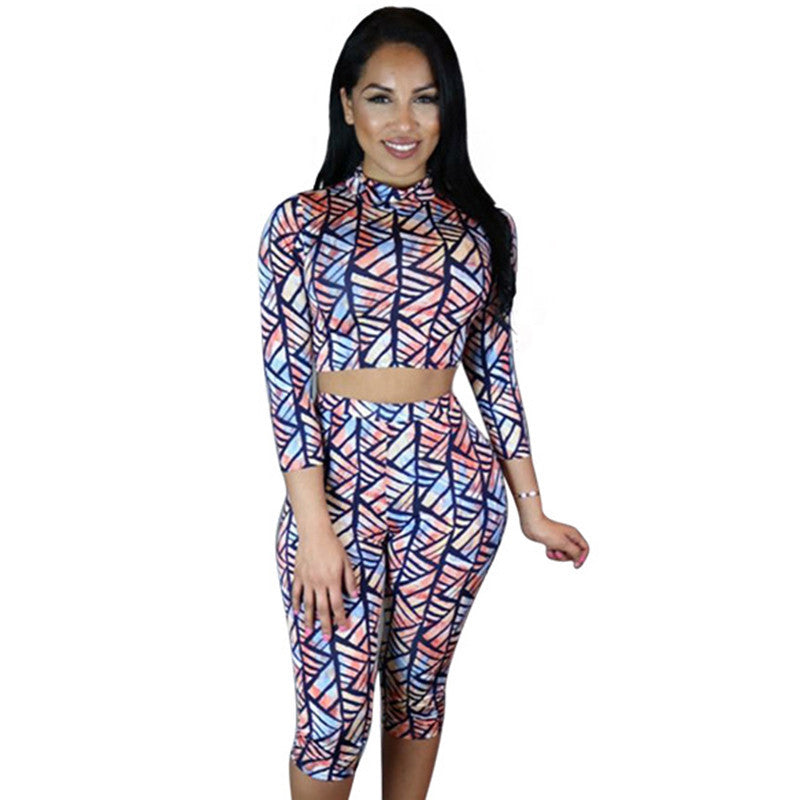 Two Piece Outfit High Waist Print Knee Length Jumpsuit Bodysuit - CELEBRITYSTYLEFASHION.COM.AU