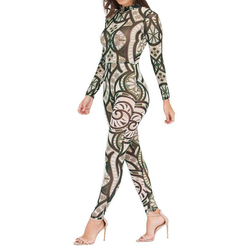 Aztec Tribal Printed Sheer Mesh Sexy Jumpsuit - CELEBRITYSTYLEFASHION.COM.AU