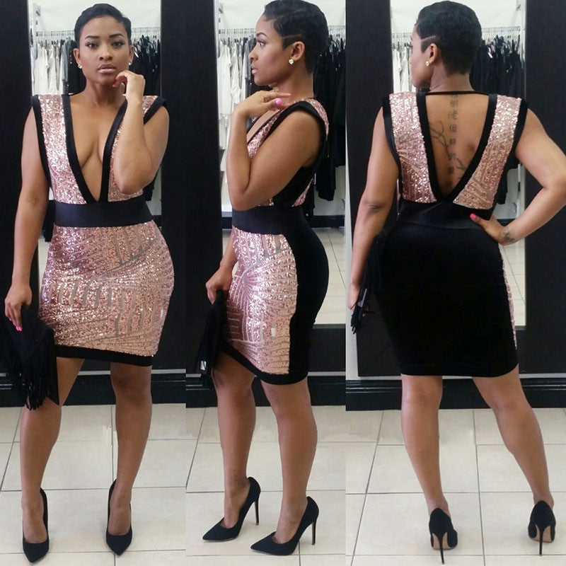 Geometric Backless Sequins Deep Plunge Zipped Back Mini Party Dress - CELEBRITYSTYLEFASHION.COM.AU - 3