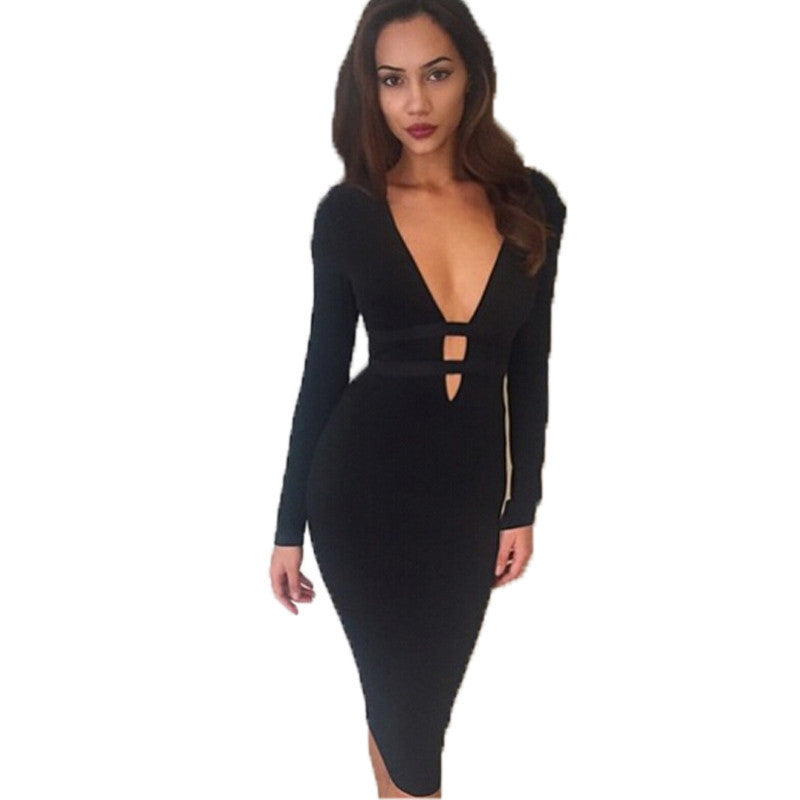 Striped Deep V-neck Party Dress - CELEBRITYSTYLEFASHION.COM.AU - 3