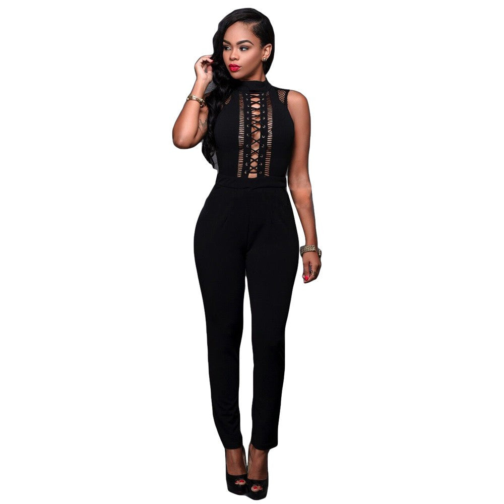 Black Mesh Zipper Back Jumpsuit Sleeveless Long Bodysuit - CELEBRITYSTYLEFASHION.COM.AU - 2