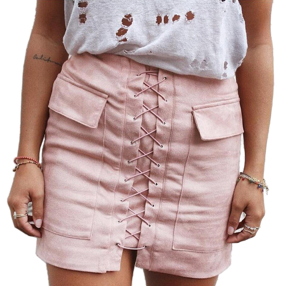 Slim High Waist Lace Up Suede Skirt - CELEBRITYSTYLEFASHION.COM.AU - 1