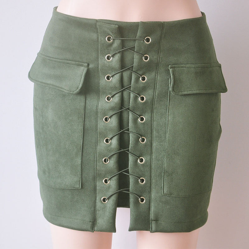 Slim High Waist Lace Up Suede Skirt - CELEBRITYSTYLEFASHION.COM.AU - 2