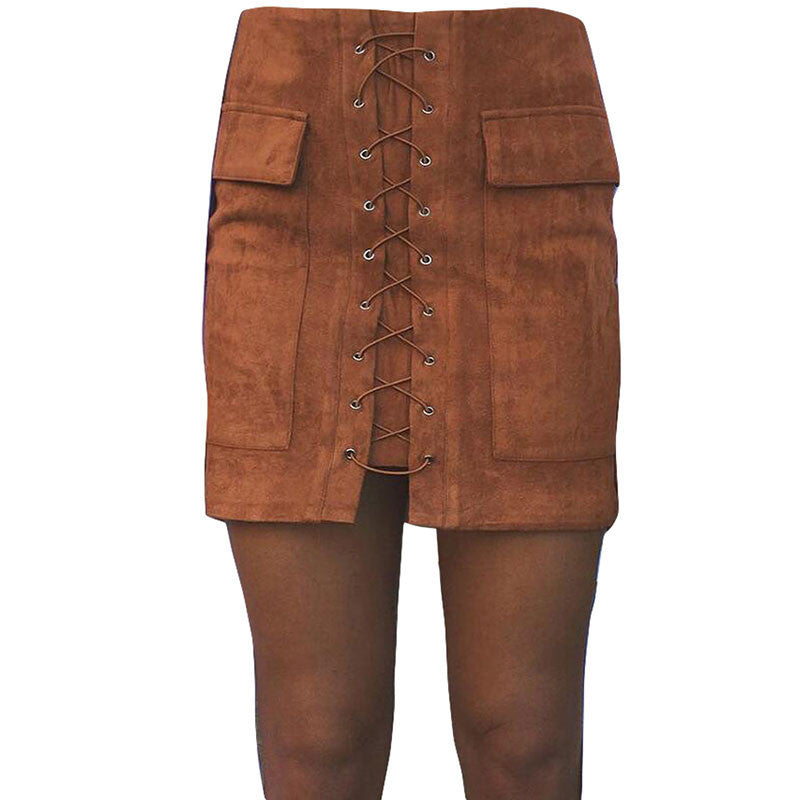 Slim High Waist Lace Up Suede Skirt - CELEBRITYSTYLEFASHION.COM.AU - 4