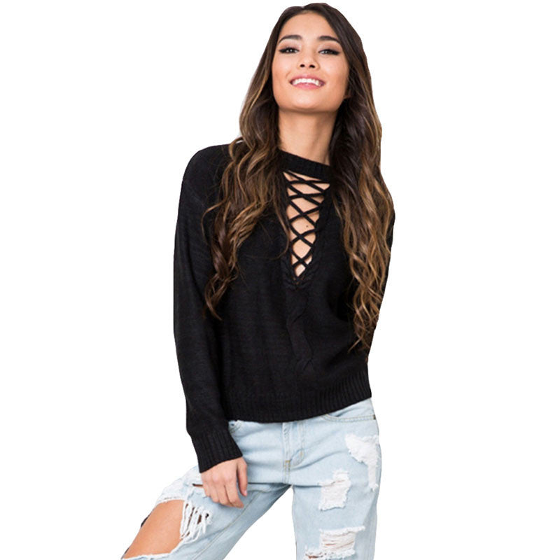 Winter Sweater Pullovers V-neck Lace Up Sweater Kylie Jenner Kardashian Style - CELEBRITYSTYLEFASHION.COM.AU - 2