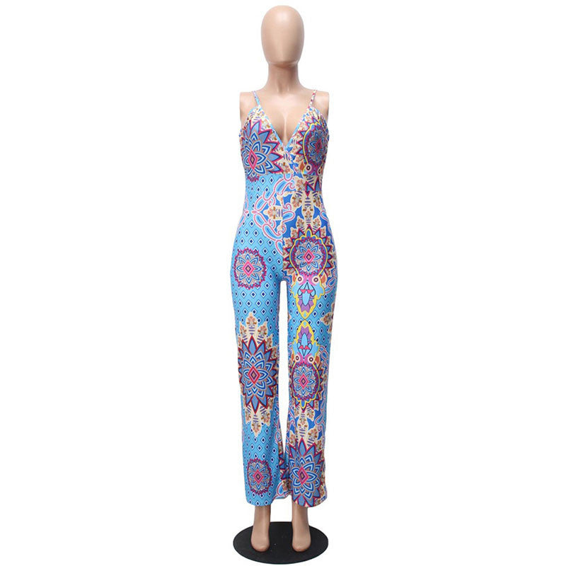 Bohemian Printed Deep V-neck Vintage Elegant Jumpsuit Long Pants Bodysuit - CELEBRITYSTYLEFASHION.COM.AU - 2