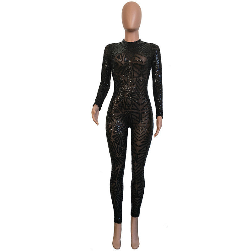 Sequined Jumpsuit Mesh Bodysuit - CELEBRITYSTYLEFASHION.COM.AU - 2