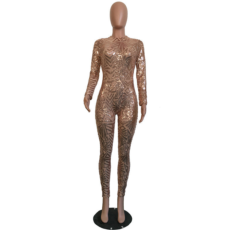 Sequined Jumpsuit Mesh Bodysuit - CELEBRITYSTYLEFASHION.COM.AU - 4