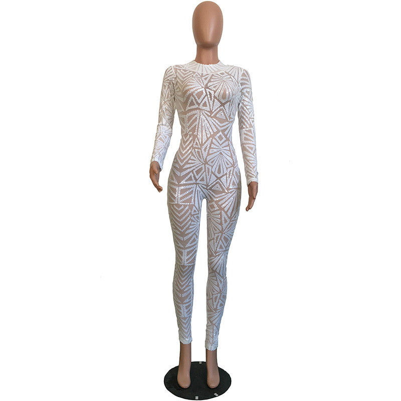 Sequined Jumpsuit Mesh Bodysuit - CELEBRITYSTYLEFASHION.COM.AU - 3