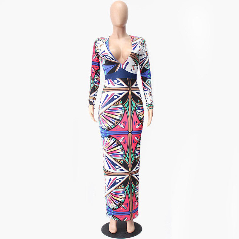 Long Sleeve Maxi Dress Deep V Neck Tribal Tattoo Printed - CelebritystyleFashion.com.au online clothing shop australia