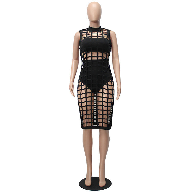 Three Piece Set Black Plaid Caged Hollow Out Sleeveless Vintage Bandage Party Dress - CELEBRITYSTYLEFASHION.COM.AU - 5