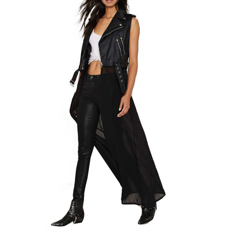 Women Solid PU Patchwork Chiffon Sleeveless Long Coat Jacket Zipper Casual Outwear Top Tees-Dollar Bargains Online Shopping Australia