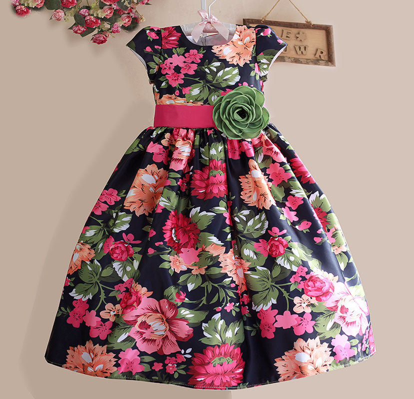 New Girls Dress Black Flower Party Casual Kids Clothes Short Sleeve Green Belt Fashion Dresses Size 3-8 - CelebritystyleFashion.com.au online clothing shop australia