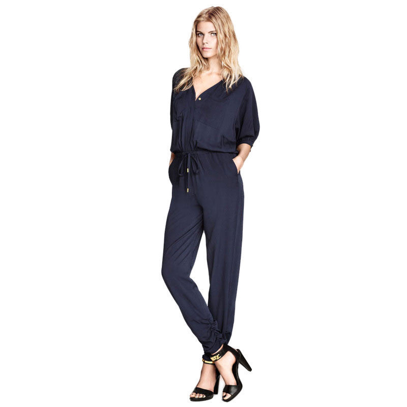 womens blue rompers jumpsuit with pockets short-sleeved V-neck elastic waist Drawstring style overalls - CelebritystyleFashion.com.au online clothing shop australia