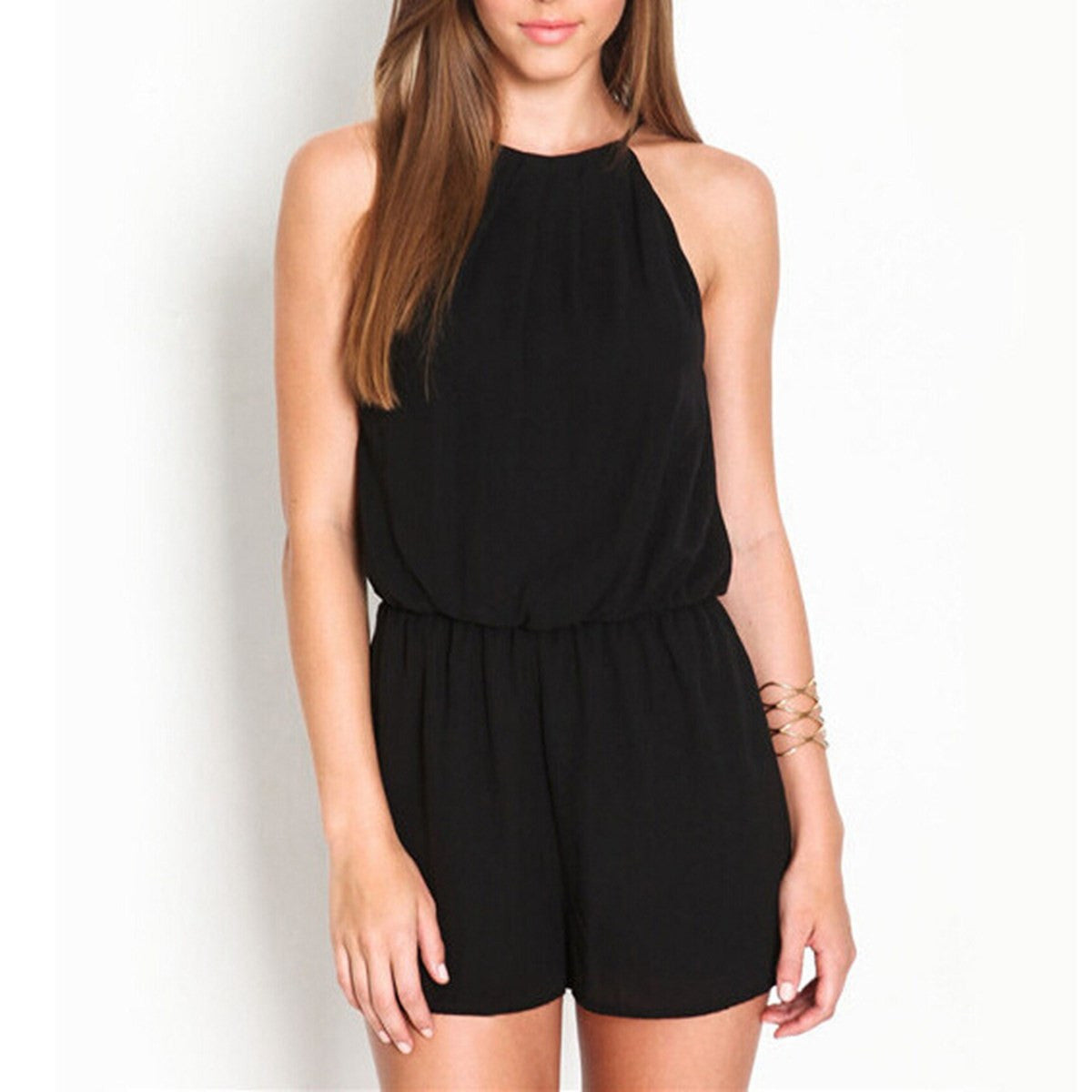 Solid Rompers Womens Summer Hollow Out Sexy Sleeveless Playsuits Halter Keyhole Back Chiffon Overalls Plus Size-Dollar Bargains Online Shopping Australia