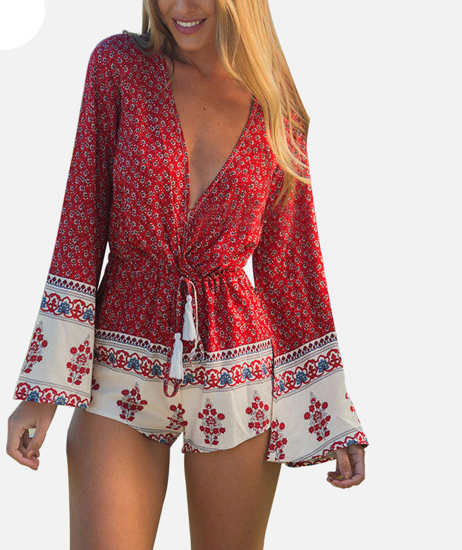 Boho Printed Women Jumpsuit Sexy V-Neck Romper Long Sleeve Bodysuit Tie Waist Rompers XXXL Overalls Beach Wear-Dollar Bargains Online Shopping Australia