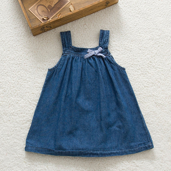 Summer Cute Blue Solid Bow Cowboy Dress Children Kids Girls Strap Jean Denim Knee-Length Dresses - CelebritystyleFashion.com.au online clothing shop australia