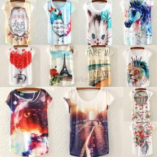 Multi-Style Print Casual Women Short Sleeve Loose Casual T-shirt Tops-Dollar Bargains Online Shopping Australia