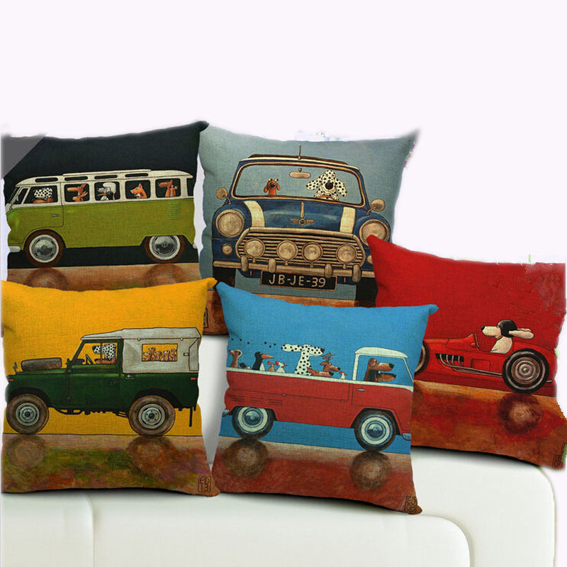 45X45CM Decorative Pillow Covers Lovely Cartoon Dog Driving Almofadas Linen Pillow Case Christmas Decorative Linen