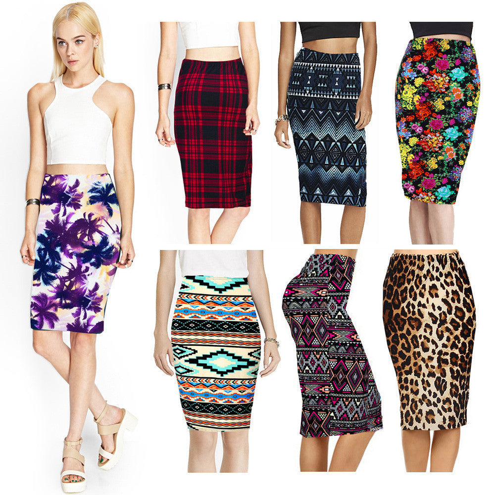 Spring Summer Vintage Fashion Printed Pencil Skirt Midi Women Knee-Length Elastic High Waist Ladies Pattern Skirts D40-Dollar Bargains Online Shopping Australia