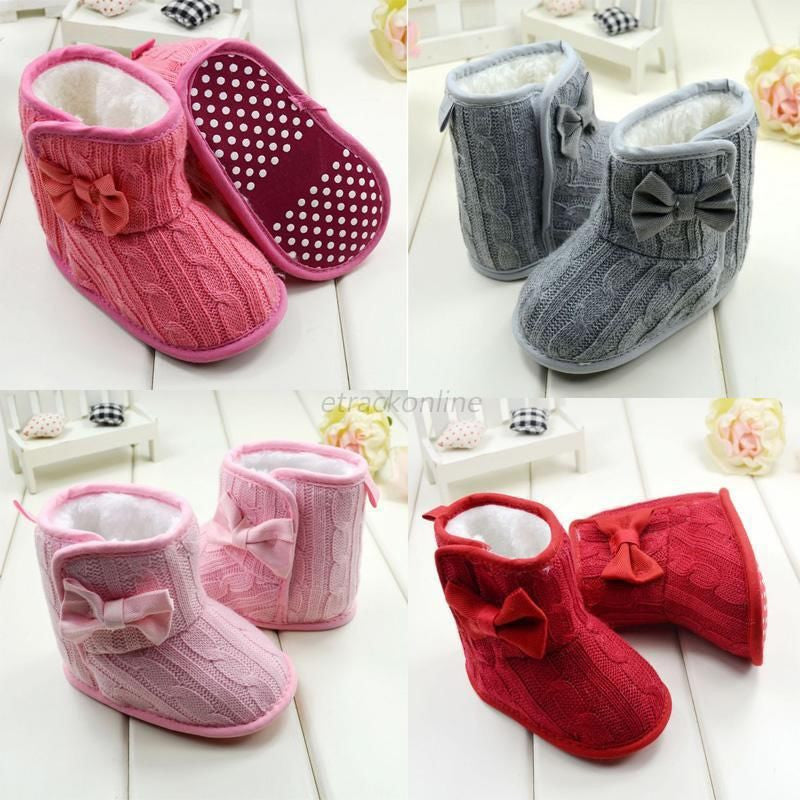 Baby Girl Boy Snow Boots Knit Bowknot Faux Fleece Soft Sole Kids Woolen Yam Knit Fur 3-18 Months - CelebritystyleFashion.com.au online clothing shop australia