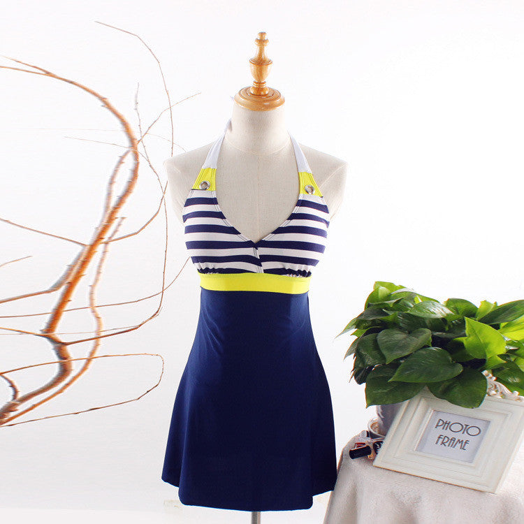 Sexy Stripe Plus Size Padded Navy Blue Halter Skirt Swimwear Women One Piece Swimsuit Beachwear Bathing Suit-Dollar Bargains Online Shopping Australia