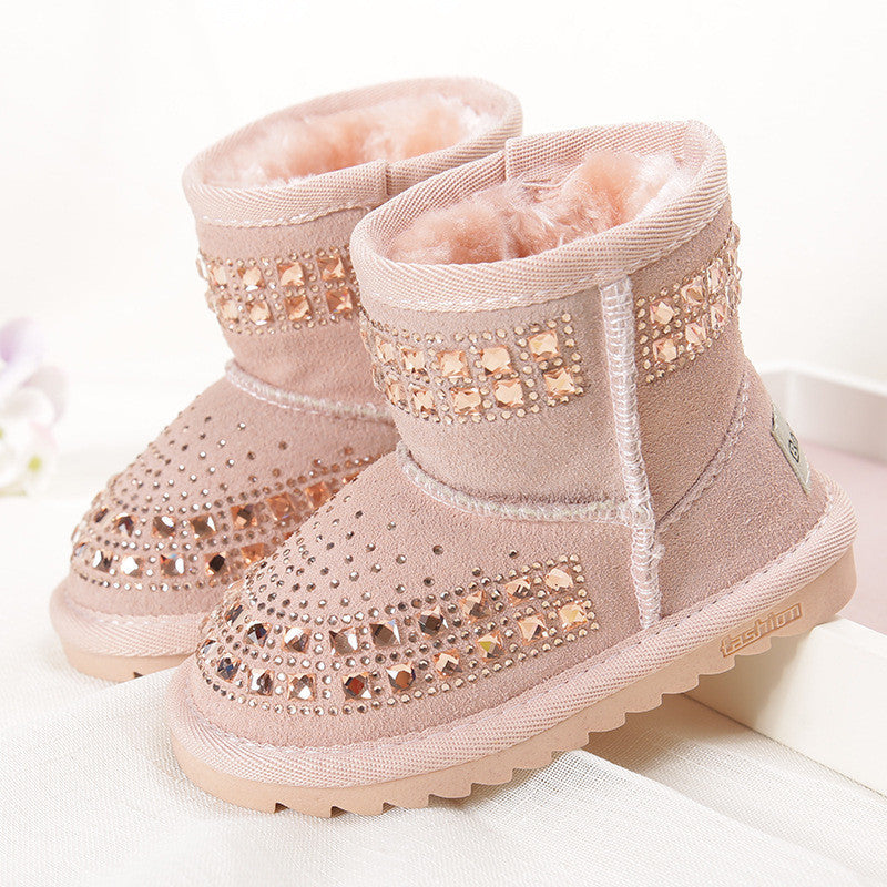 winter new children snow boots reihnstone kids leather boots warm shoes with fur princess baby girls ankle boots - CelebritystyleFashion.com.au online clothing shop australia