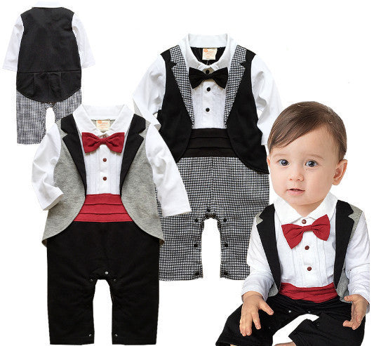 Baby tuxedo jumpsuit boy gentlemen bow tie rompers 2 colors long sleeve plaid jumpsuit wedding birthday party clothes - CelebritystyleFashion.com.au online clothing shop australia