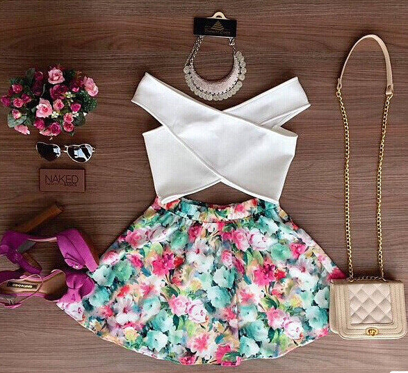 Fashion Women Two Piece Set Dress Cross Crop Top And Skirt Set Floral Printed Dress Plus Size Tops-Dollar Bargains Online Shopping Australia