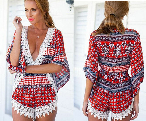 Summer Women Casual Loose Lace Floral V-neck Jumpsuits Rompers Short Pants Elegant Jumpsuit-Dollar Bargains Online Shopping Australia