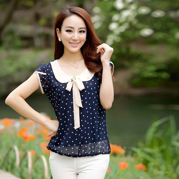 Brand Summer Style Blouse Casual Sweet Women Doll Collar Short Sleeve Tops Polka Dot Chiffon Shirt Blouse Summer Casual Shirt 41-Dollar Bargains Online Shopping Australia