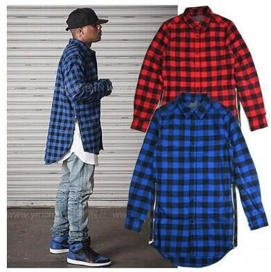 Extended Long High Low Side Zipper Unisex Man Swag Shirt Tshirt T Shirt Hip Hop Men Streetwear Hem Plaid Blue Red