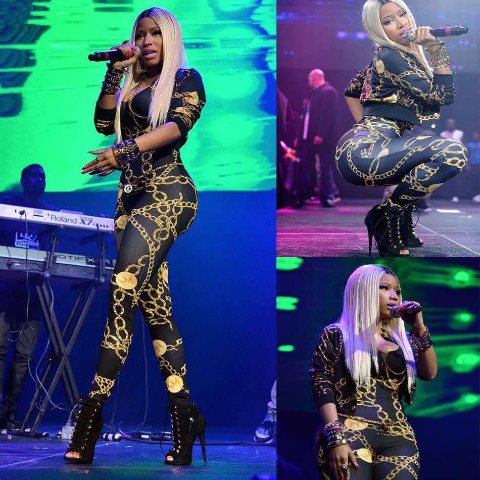 Nicki Minaj Jumpsuits Sexy Vintage Chain Pattern Print Clothing Women Patchwork Bodysuit Party Romper Playsuit Bandage Jumpsuits - CelebritystyleFashion.com.au online clothing shop australia