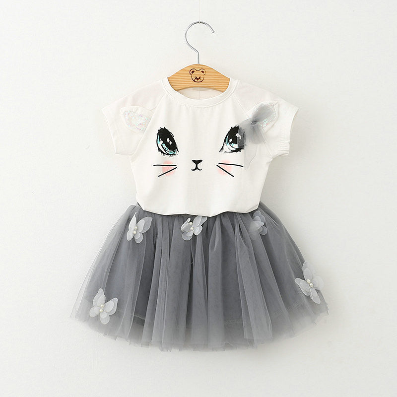Summer Girls Dress Clothing Sets Fashion Cotton Short Sleeve T-shirt+Organza Skirts Children Kids Girl Clothes 2pcs Set-Dollar Bargains Online Shopping Australia