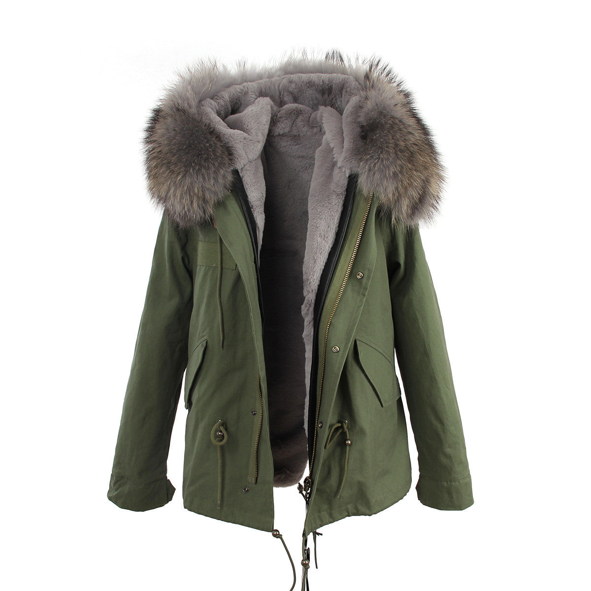 women's army green Large raccoon fur collar hooded coat parkas outwear 2 in 1 detachable lining winter jacket brand style-Dollar Bargains Online Shopping Australia