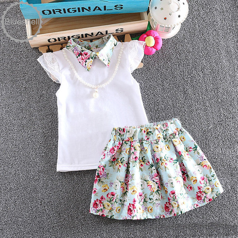 Baby Girl Clothes cotton Clothes set 2 pcs Toddler floral necklace short sleeves shirt + skirt suit Baby clothes set 7-24Mo - CelebritystyleFashion.com.au online clothing shop australia