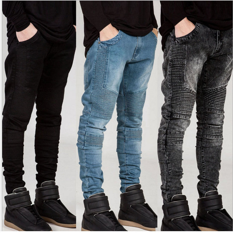 Mens Skinny jeans men Runway Distressed slim elastic jeans denim Biker jeans hip hop pants Washed Pleated jeans blue-Dollar Bargains Online Shopping Australia