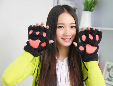 Arrival 1 Pair Women Lady Girl Winter Warm Paw Gloves Fingerless Fluffy Bear Cat Plush Paw Glove Mittens-Dollar Bargains Online Shopping Australia