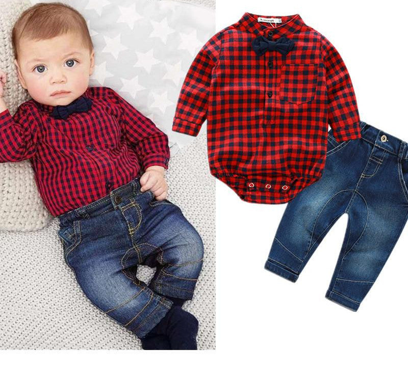 baby boys clothing set plaid rompers with bowtie + demin pants fashion baby boy clothes newborn baby clothes - CelebritystyleFashion.com.au online clothing shop australia