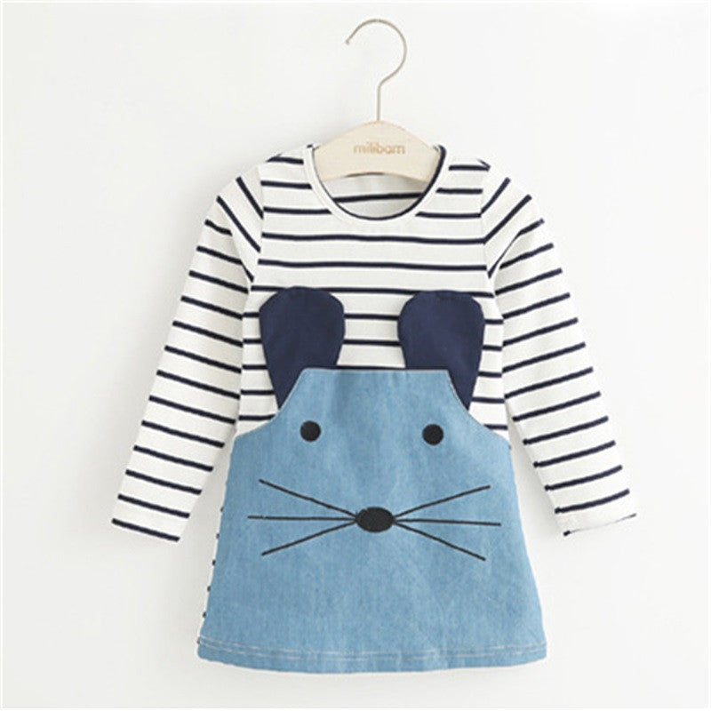Striped Patchwork Character Girl Dresses Long Sleeve Cute Mouse Children Clothing Kids Girls Dress Denim Kids Clothes-Dollar Bargains Online Shopping Australia