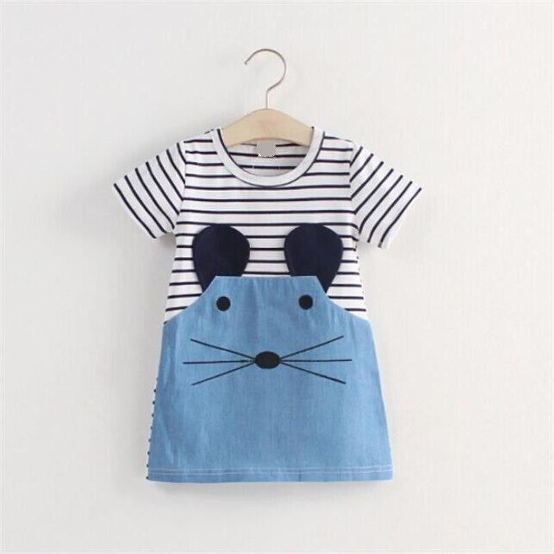 Striped Patchwork Character Girl Dresses Long Sleeve Cute Mouse Children Clothing Kids Girls Dress Denim Kids Clothes-Dollar Bargains Online Shopping Australia
