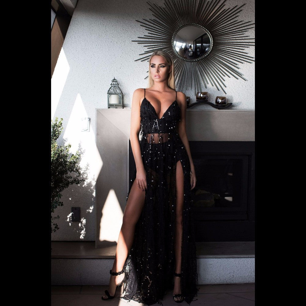 Sequin Maxi Long Dress Halter V Neck Bling Dress - CelebritystyleFashion.com.au online clothing shop australia