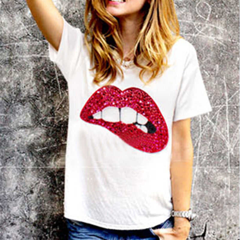 Red White Lips Offset Print Women Tops Long Sleeve Loose Fit Tee Shirts Plus Size Women Clothing Spring Blusas Sweatshirt-Dollar Bargains Online Shopping Australia