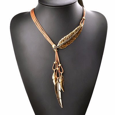 Bohemian Style Black Rope Chain Leaf Feather Pattern Pendant Necklace For Women Fine Jewelry Collares Statement Necklace-Dollar Bargains Online Shopping Australia